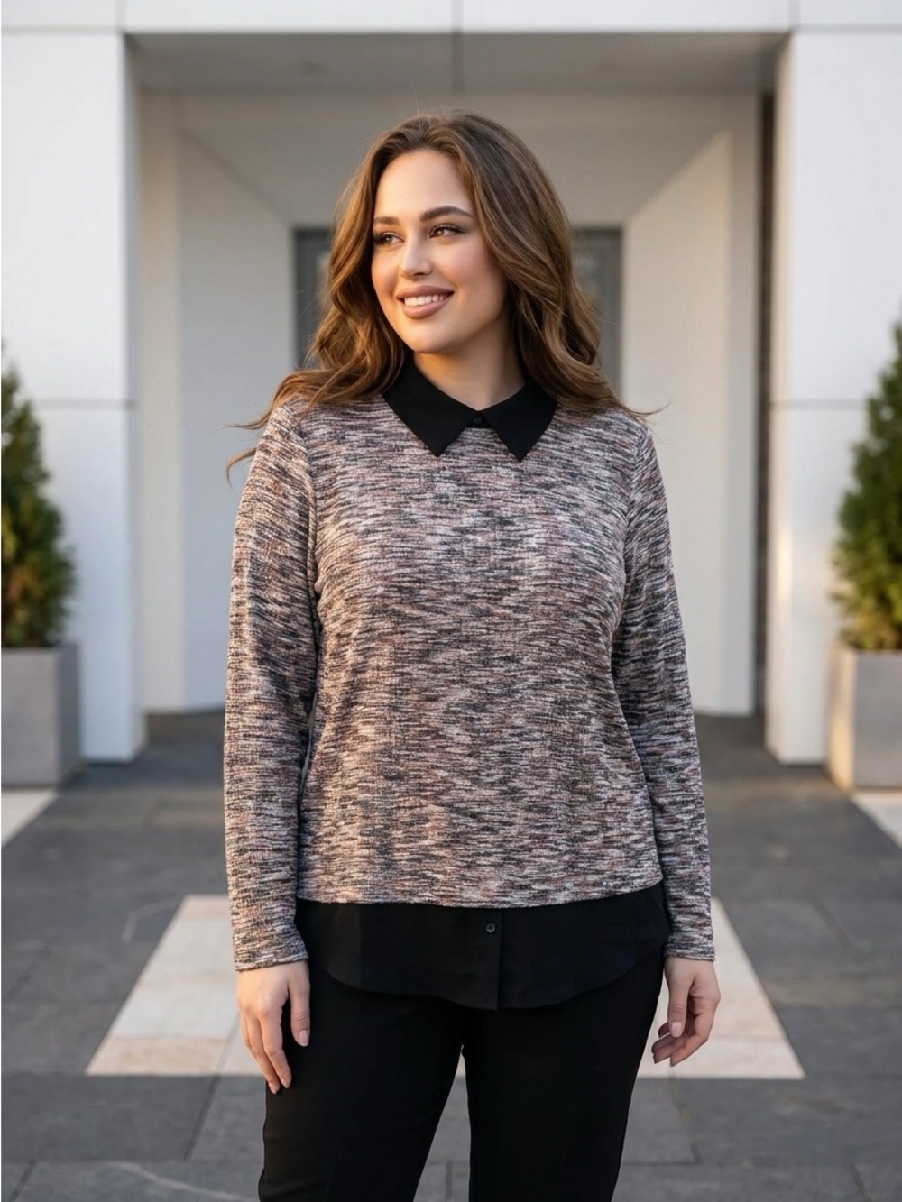 Zac & Rachel Gray Marled Layered Look Top with Black Trim Size 2X
